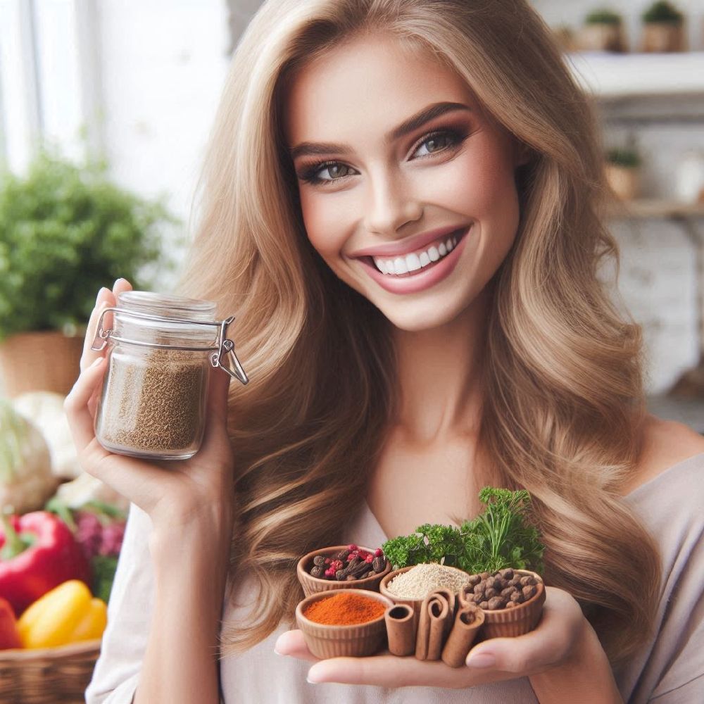 With a content expression, this woman brushes through her silky, smooth hair, revealing the results of a carefully crafted hair oil infused with cloves and cinnamon. These spices, known for their ability to boost circulation and nourish the scalp, have given her hair the volume and vitality she’s always wanted.